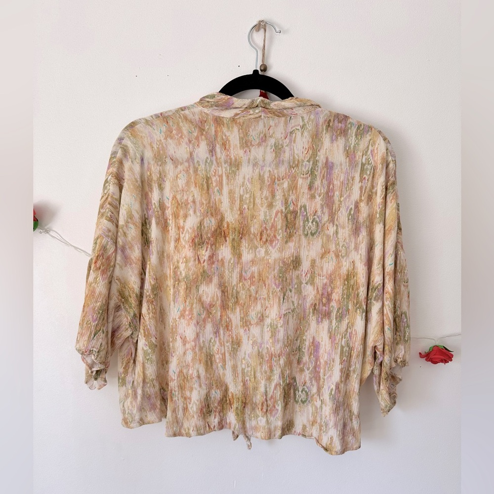 2 Piece SET Zara Pastel Yellow Metallics Shiny Printed Pants Blouse L XL - Picture 4 of 12